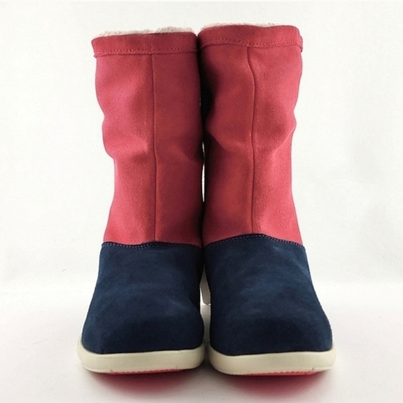 Crocs Adela Women's Foldover Fuzz  Leather Boots Pink Poppy Stucco Navy Size 6 - Picture 5 of 15